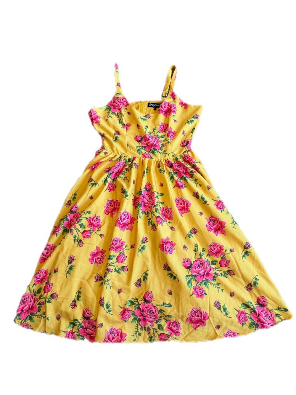 SourPuss Yellow Pink Rose Floral Print Midi Dress Sundress Fit Large Women's NWT